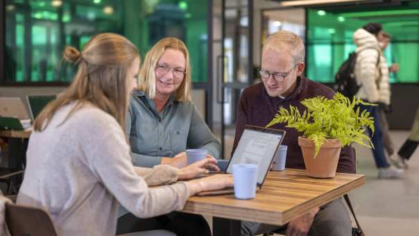 3 studenten zitten in een café te werken met een laptop. Groene achtergrond.