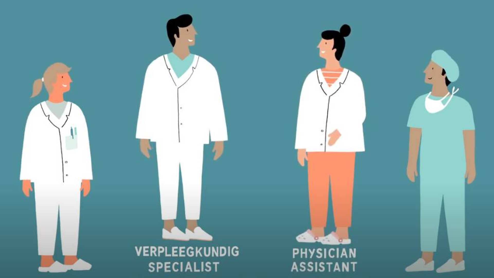 Drie masterstudenten van de opleiding verpleegkundig specialist overleggen samen tijdens de les onderzoek op de HAN