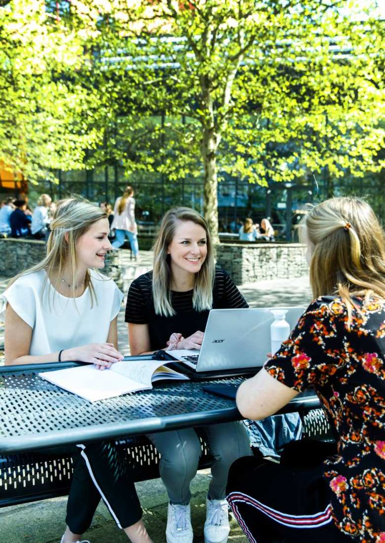 Studenten lachend aan het werk buiten