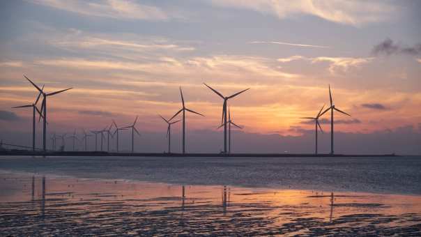 Windmolens bij ondergaande zon in zee