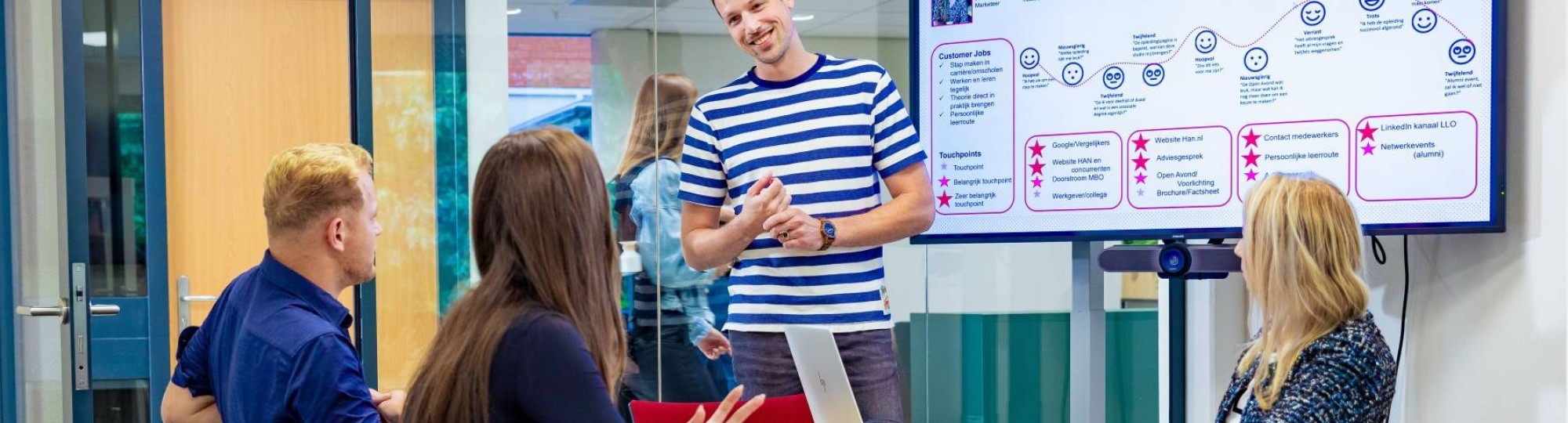 Studenten van de associate degree Commerciële Economie deeltijd, duaal uitstroom Online Marketing in overleg over customer journey map.