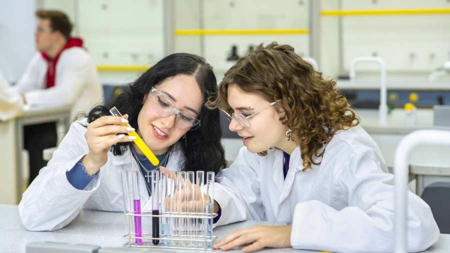 Twee studenten bekijken een vloeistof in een buisje. 