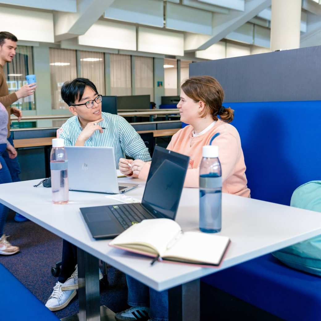 International students Nyugen and Noa studying together in the library on the Arnhem campus of HAN University of Applied Sciences.