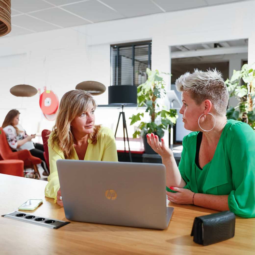 HBO master studenten houden een bespreking over de studie achter de laptop