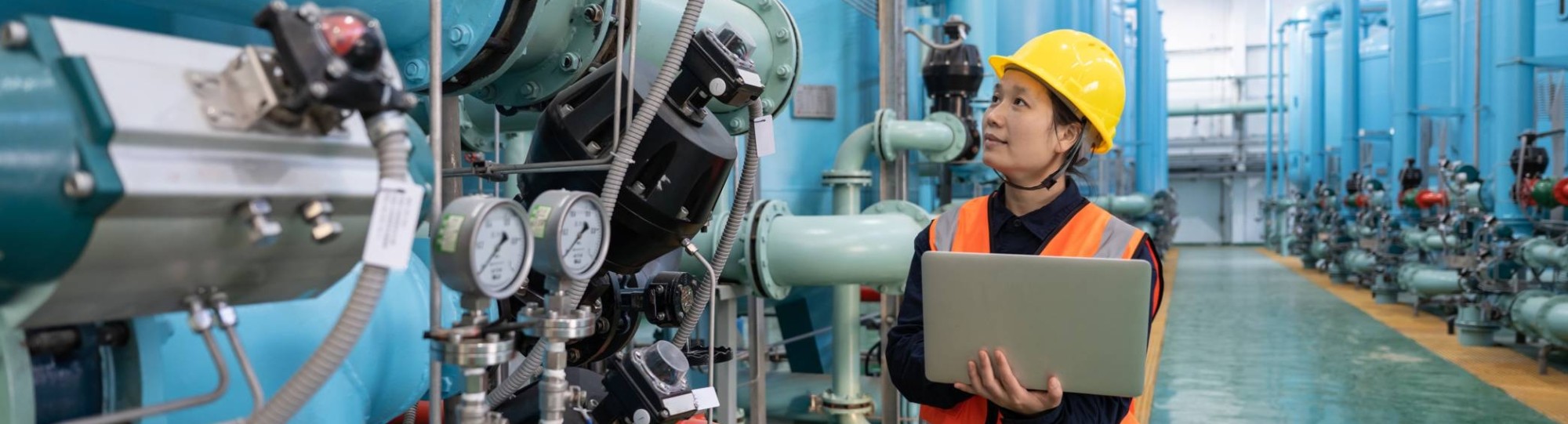 Vrouwelijke engineer met laoptop in chemische fabriek