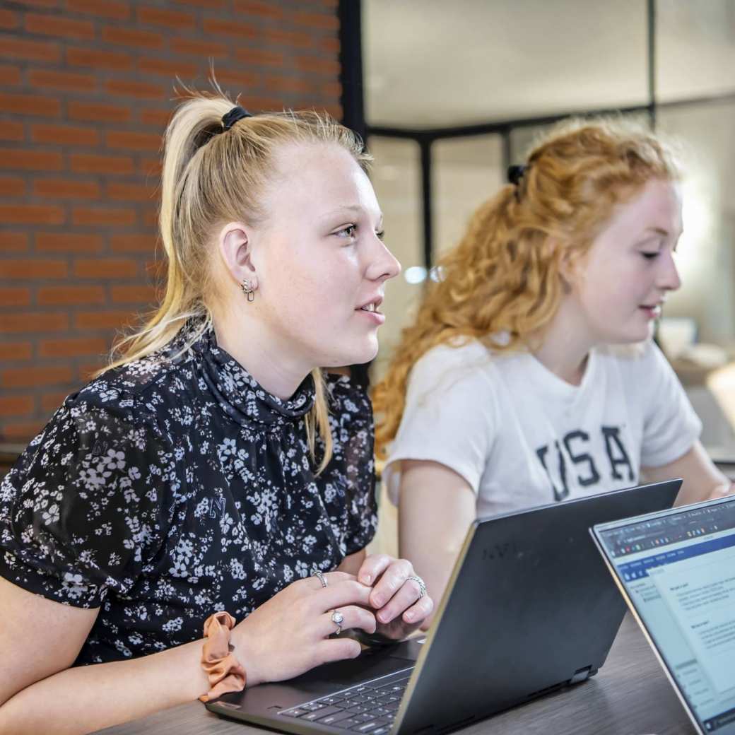 Fysiotherapie, K33 b1, overleg, twee studenten, laptop