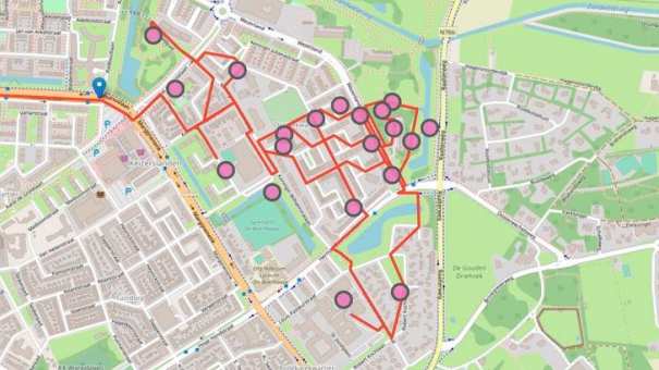 visualisatie van de routeplanner voor thuiszorginstanties. Fictieve data.