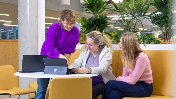 Student wijst iets aan op laptop aan andere studenten