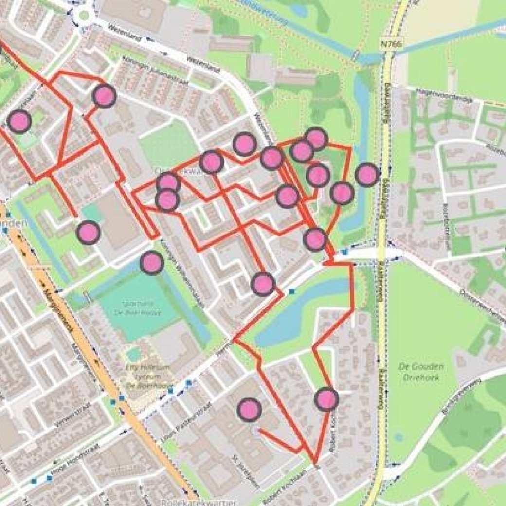 visualisatie van de routeplanner voor thuiszorginstanties. Fictieve data.