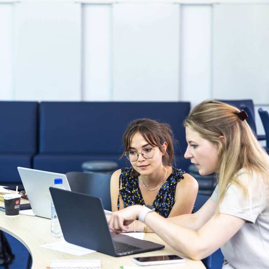 Twee studenten van de master social work werken samen achter een laptop