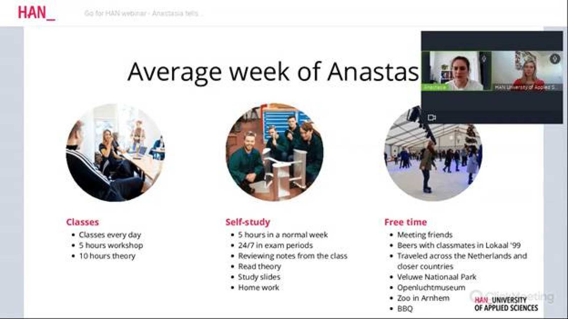 YouTube still of general HAN webinar - Anastasia tells. Mechanical Engineering student