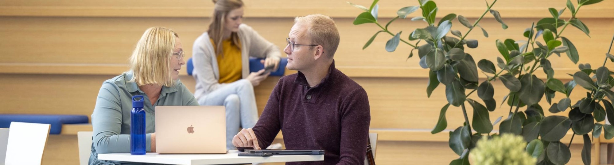 2 studenten aan het overleggen, 1 student zit op de achtergrond op een trap op haar mobiel.